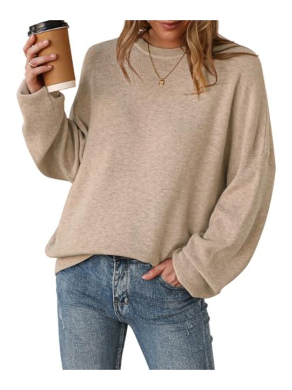Wool Blend Oversized Pullover Sweater Ribbed Crewneck Long Sleeve